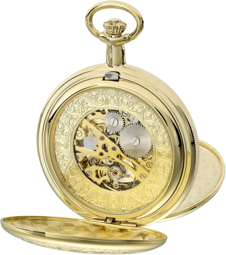 PUREgrey Taschenuhr Doppeldeckel Skelett mechanisch mit Kette und Etui