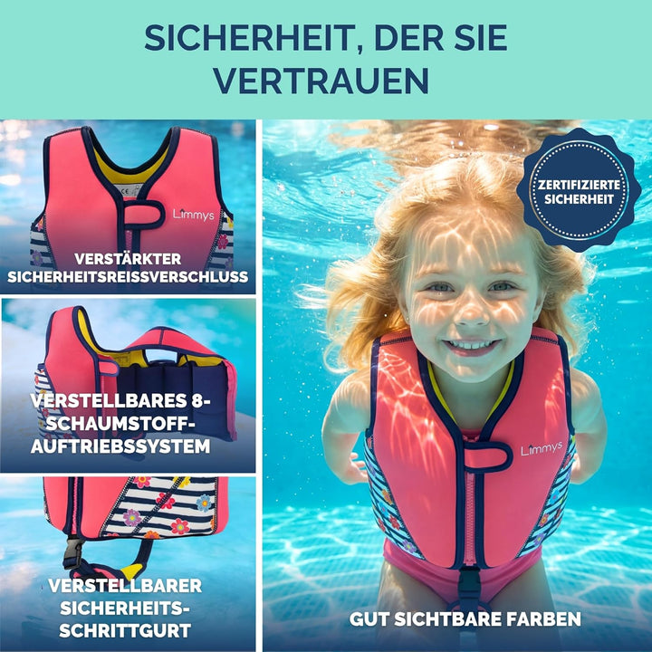 Limmys Premium Neopren Schwimmweste - Ideale Schwimmhilfe für Jungen und Mädchen - Extra Kordelzugta