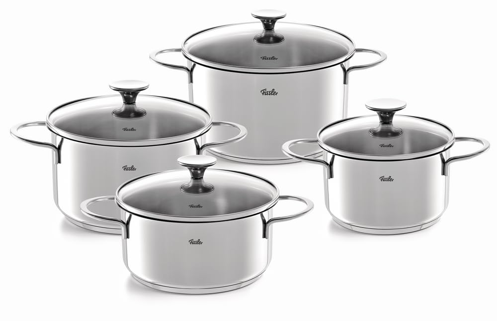 Fissler Copenhagen/Edelstahl-Topfset, 4-teilig, Kochtopf-Set, Töpfe mit Glas-Deckel, 3 Kochtöpfe, 1