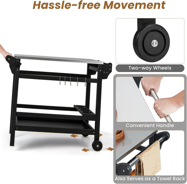 KOMFOTTEU Grillwagen Grilltisch mit Edelstahl Arbeitsplatte, Garten Rollwagen aus HDPE, Servierwagen