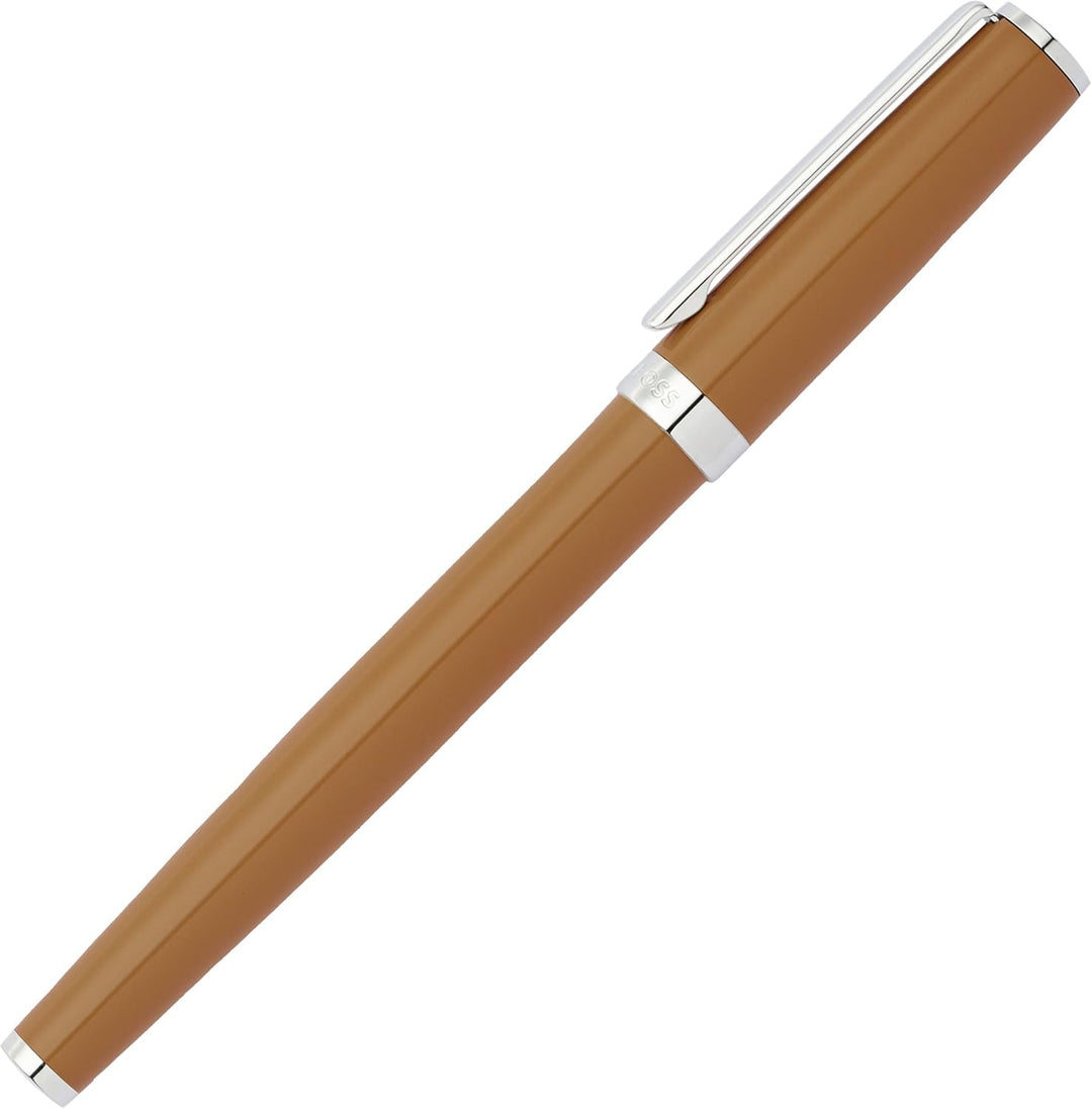 Hugo Boss Gear Icon Tintenroller aus Messing mit Chrome Beschichtung in der Farbe Camel, Masse: 13,8