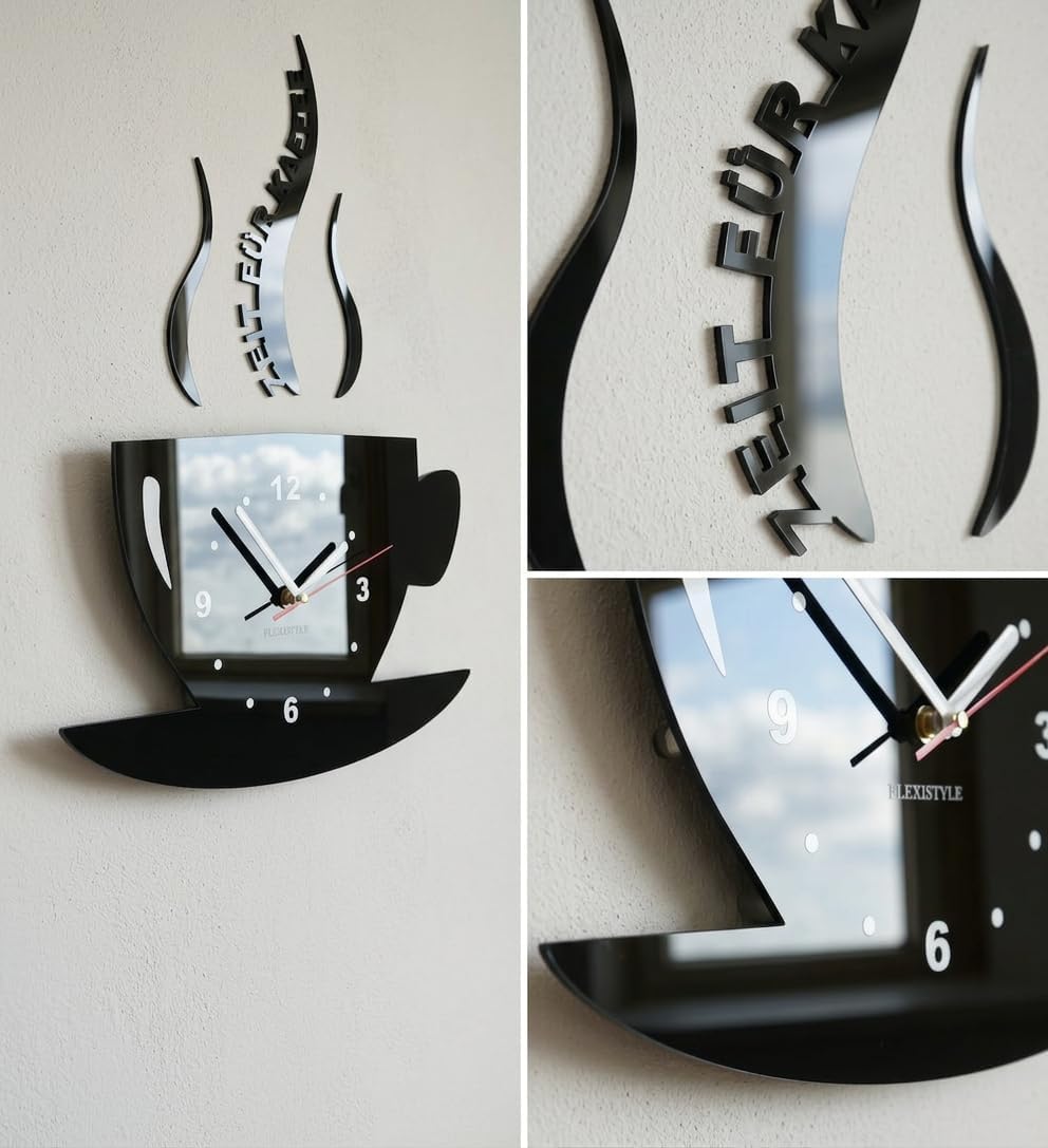 FLEXISTYLE Tasse Zeit für Kaffee Moderne Küche Wanduhr, 3D römisch, wanduhr deko (schwarz), Schwarz