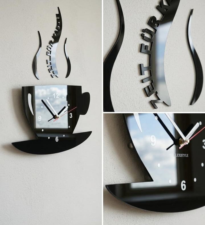 FLEXISTYLE Tasse Zeit für Kaffee Moderne Küche Wanduhr, 3D römisch, wanduhr deko (schwarz), Schwarz