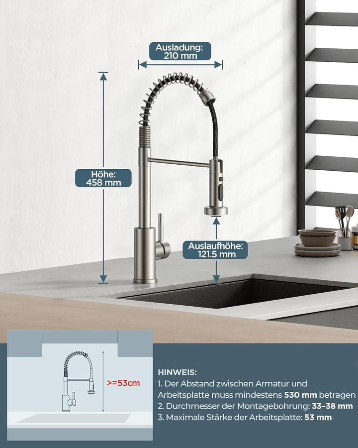 FORIOUS Wasserhahn Küche, Wasserhahn Küche Ausziehbar, 360° Schwenkbar Spiralfeder Spültischarmatur
