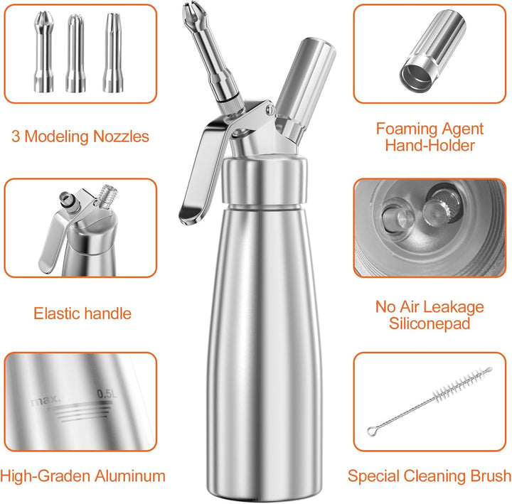 Newaner 500ml sahnespender, Sahnesyphon Aluminium mit 3 Edelstahl Deko-Düsen und 1 Reinigungbürste,