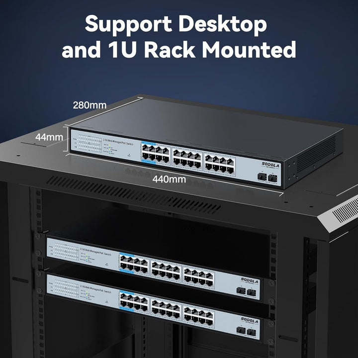 SODOLA 24-Port 2,5Gbit PoE+ Switch – Smart Managed mit 2x10G SFP+, 500W Gesamtleistung & 1U-Rackmont
