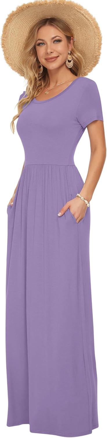 AUSELILY Damen Kurzarm Sommer Casual Long Maxi Kleider mit Taschen | Ganzjähriges Tragen, solider Bl