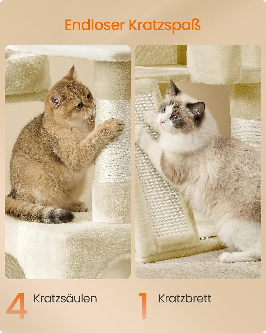 Feandrea Kratzbaum, 136 cm hoch, Katzenbaum, mehrstöckiges Katzenhaus, mit 4 Kratzsäulen, 3 Plattfor