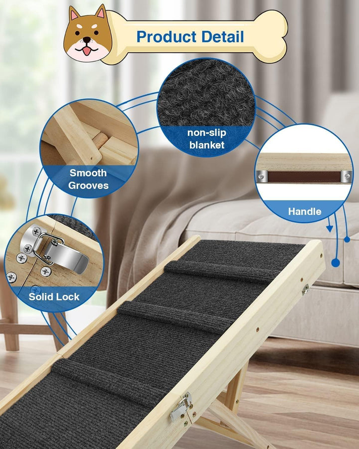 Klappbare Hunderampe aus Holz -Hundetreppe Höhenverstellbar 25-48cm mit Rutschfester Matte für Bett