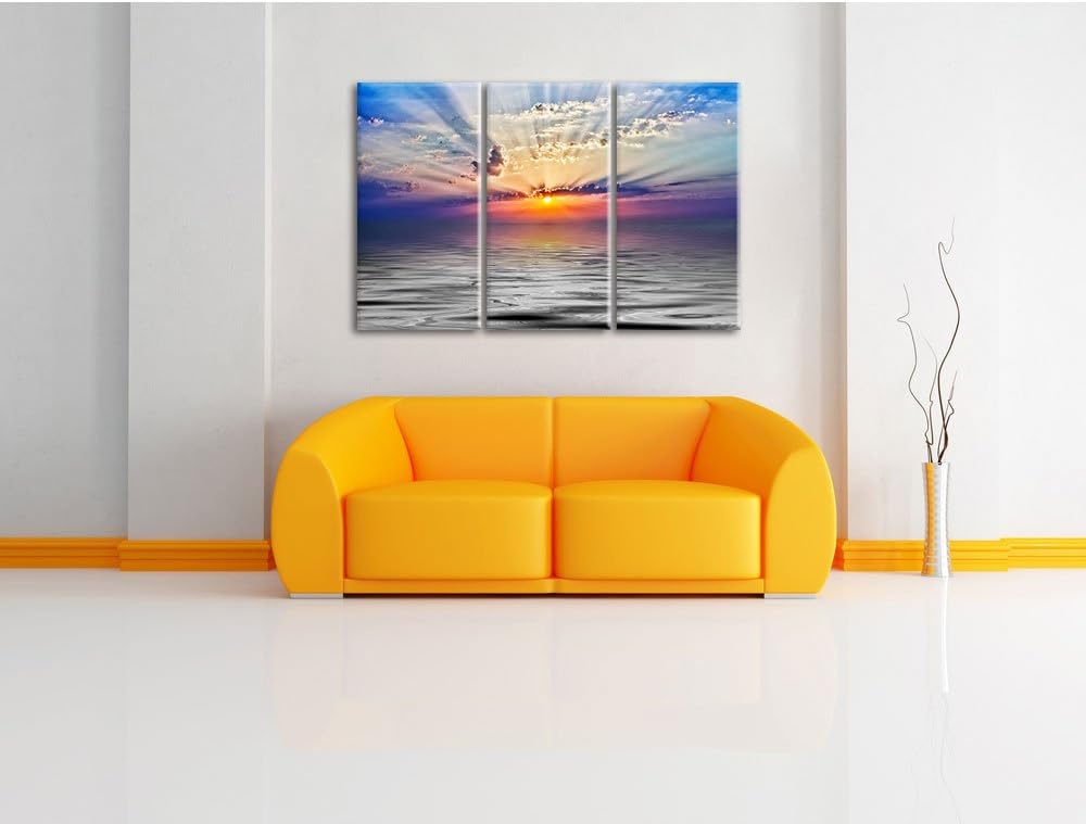 Pixxprint Sonnenaufgang im Meer / 3-Teilig/Gesamtmass 120cm Leinwandbild bespannt auf Holzrahmen/Wan