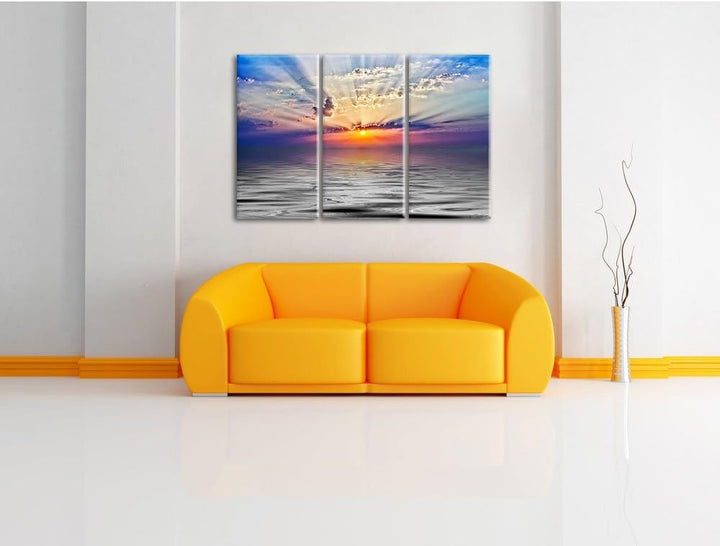 Pixxprint Sonnenaufgang im Meer / 3-Teilig/Gesamtmass 120cm Leinwandbild bespannt auf Holzrahmen/Wan