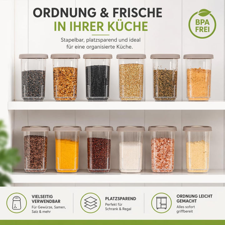 IDOBY 12er Set Gewürzbox aus Kunststoff, Transparente Gewürzdose, BPA-Freiem Kunststoff Camping Gewü