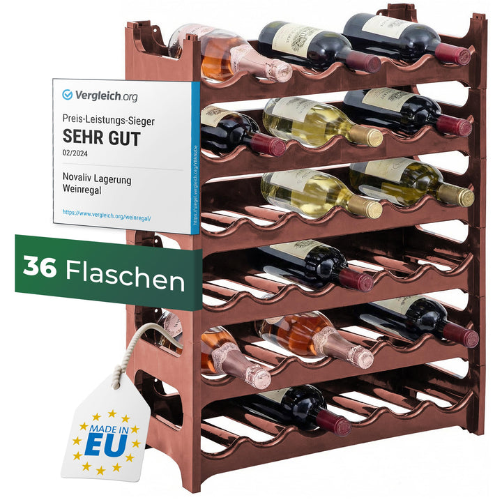 Novaliv Flaschenregal für 36 Flaschen aus Kunststoff, erweiterbar, Weinregal stapelbar, Braun, Geträ