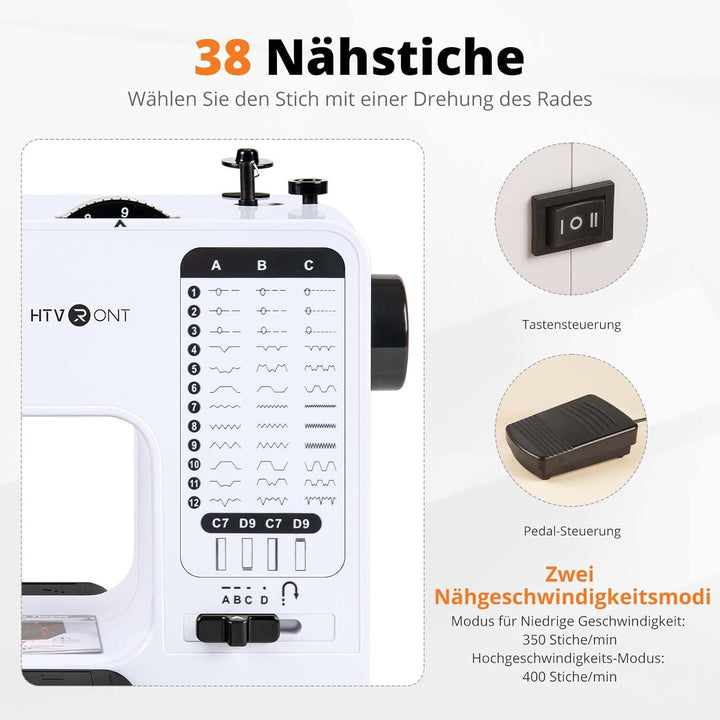 HTVRONT Nähmaschine mit Verlängerungstisch- Sewing Machine Nähmaschine Anfänger mit 38 Nähprogrammen