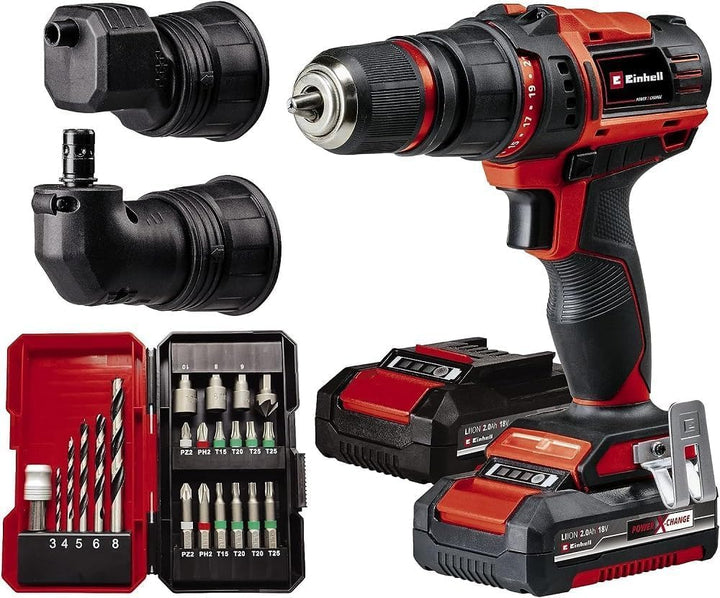 Einhell Akku-Bohrschrauber TE-CD 18/45 3X-Li+22 Power X-Change (18 V, 45 Nm, Winkelaufsatz, Exzenter