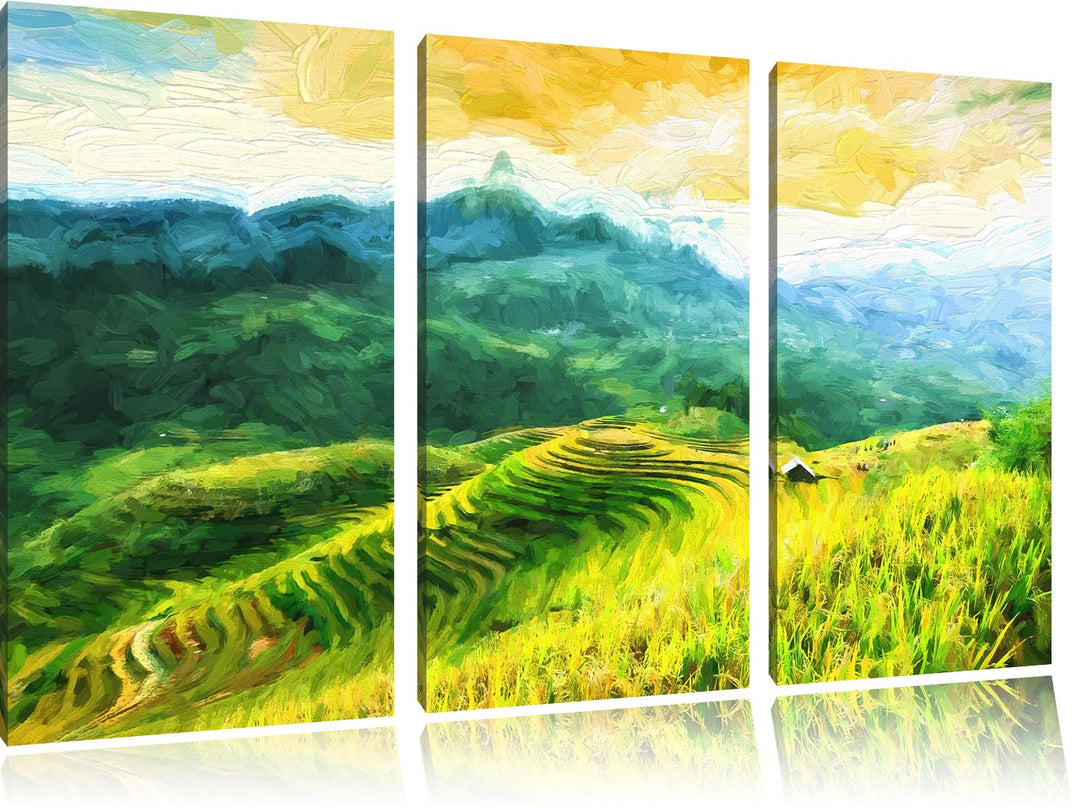 Pixxprint Reisfelder in Vietnam Kunst Pinsel Effekt 3-Teiler Leinwandbild 120x80 Bild auf Leinwand