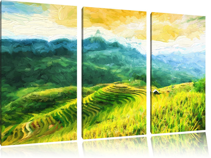 Pixxprint Reisfelder in Vietnam Kunst Pinsel Effekt 3-Teiler Leinwandbild 120x80 Bild auf Leinwand