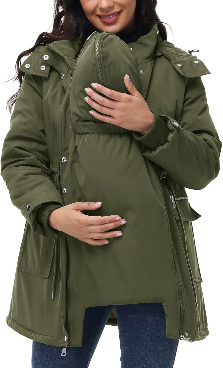 Maacie Umstands Baumwolljacke 3 in 1 Winter Langer Puffer Daunenjacke Parka mit Kapuze mit Taschen W