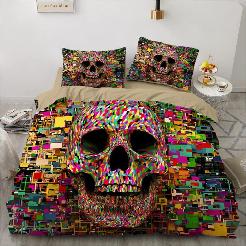 Luowei Bettwäsche Totenkopf 220x240 Schädel Bunt 3D Microfaser Bettbezug Set Weiche Komfort Bettwäsc