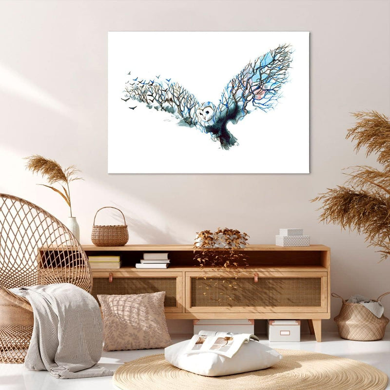 Bilder auf Leinwand 100x70cm Leinwandbild mit Rahmen Eule wild Wald Flug Gross Wanddeko Bild Schlafz