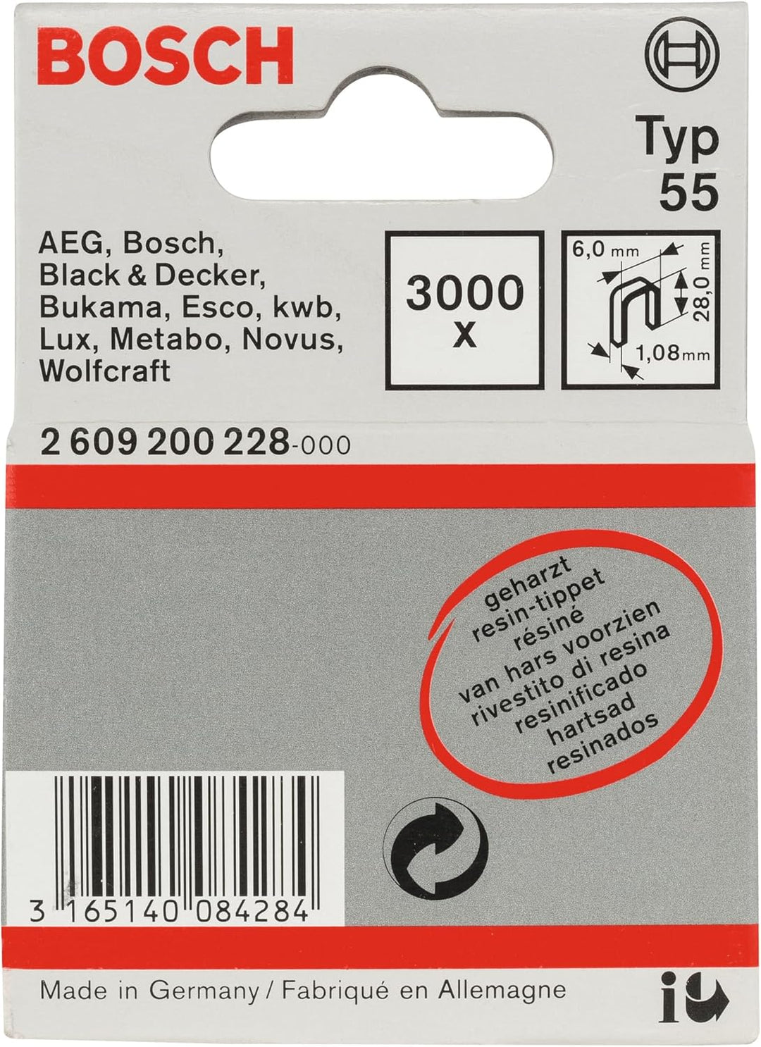 Bosch Professional Zubehör 2 609 200 228 Schmalrückenklammer Typ 55 geharzt 6 x 1,08 x 28 mm