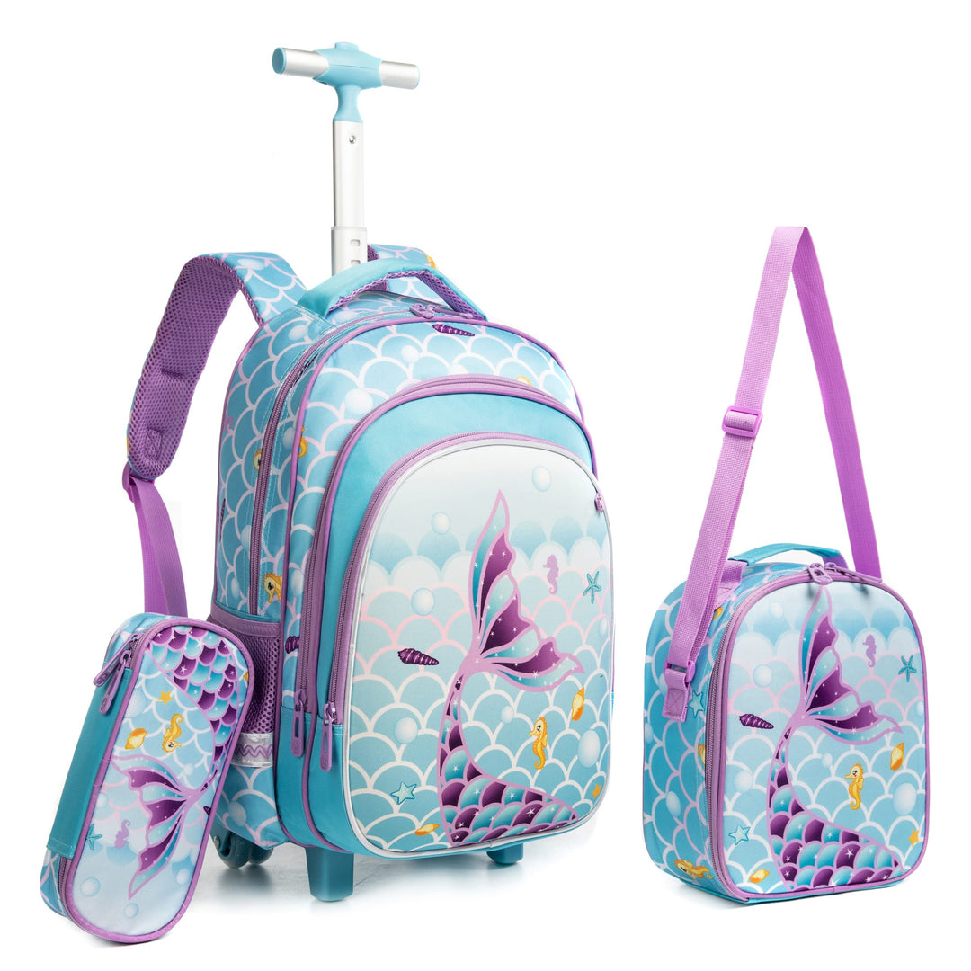 HTgroce Trolley Rucksack mit Rollen Schulranzen mit Rollen für Mädchen 16inch Meerjungfrau Schulranz