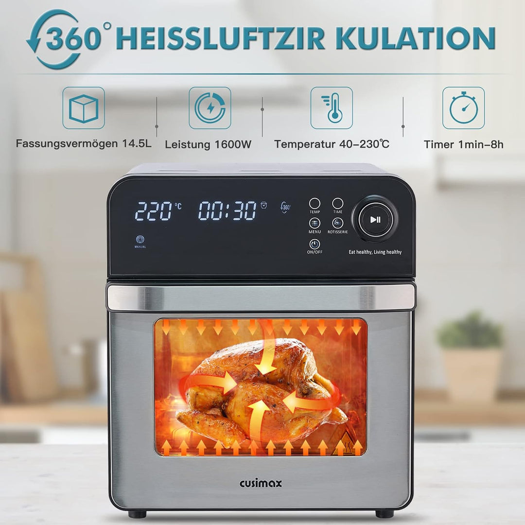 CUSIMAX Heissluftfritteuse 14,5 Liter 8 in 1 Airfryer Oven für Fritteuse Dehydrieren Rotisserie Back