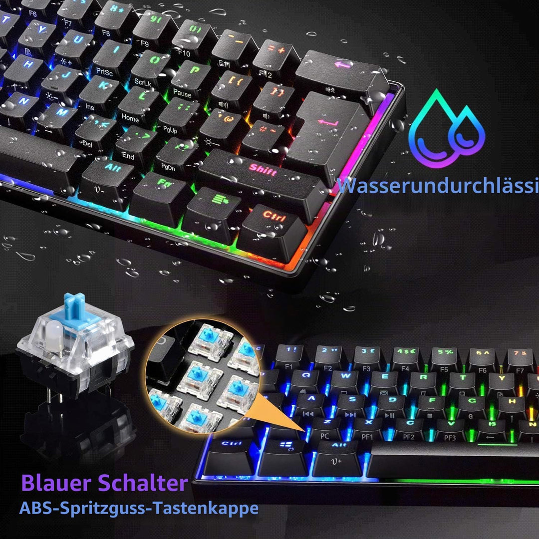 UK Layout 60% Mechanische Gaming-Tastatur Typ C verkabelt 61 Tasten LED-beleuchtete USB-wasserdichte