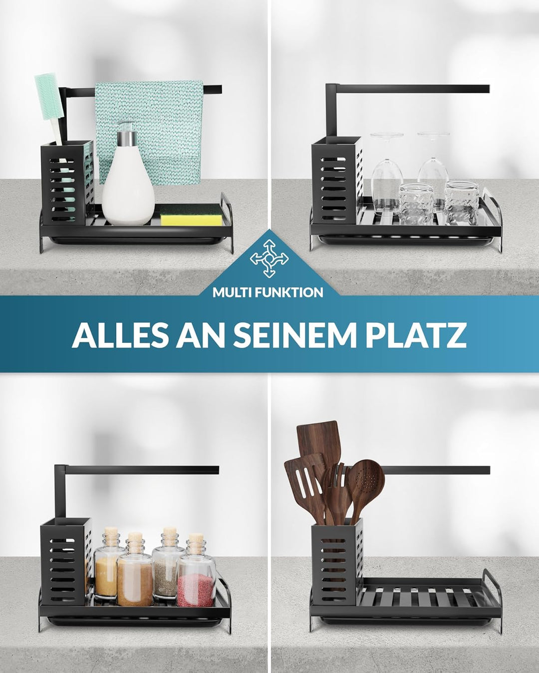 Spülbecken Organizer mit Abtropfschale in Schwarz | praktischer Spülorganizer aus Edelstahl für Spül