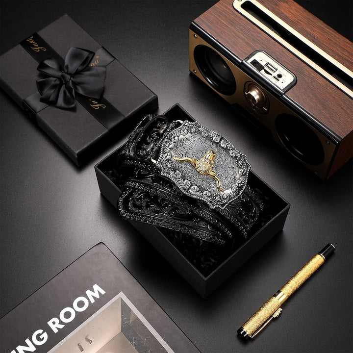 Jadive Herren Gürtel Western Cowboy Bull Leder Schnallen Gürtel Longhorn Schnalle mit Blumen Gravur