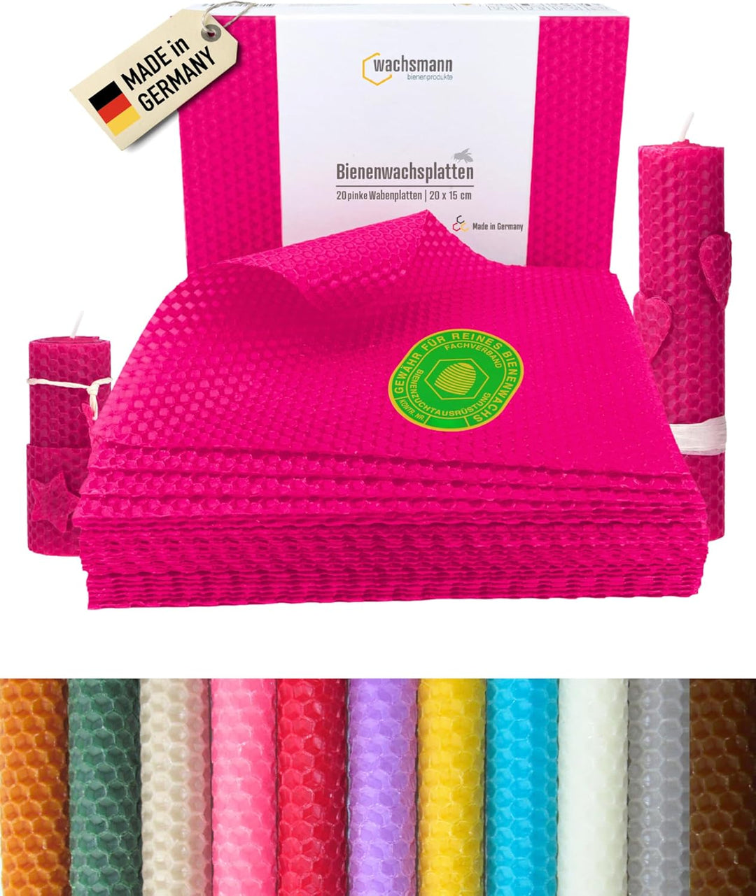 Wachsmann 20 Bienenwachsplatten aus Deutschland, pink, Wachsplatten 20 x 15 cm, Bienenwachs Kerzen s