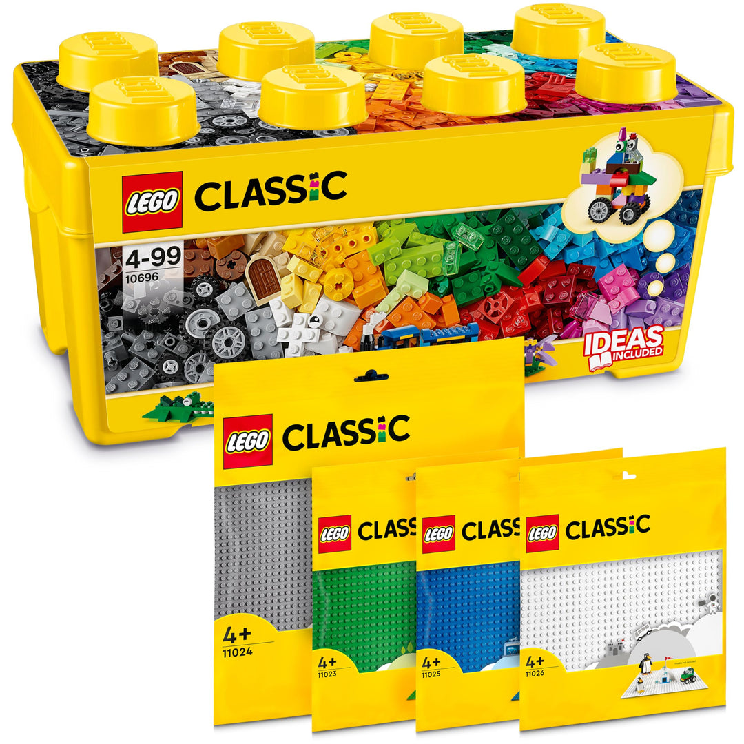 Lego Classic Bausteine Box Mittelgross + Grüne, Blaue, Weisse & Graue Lego Platte: Aufbewahrungsboxe