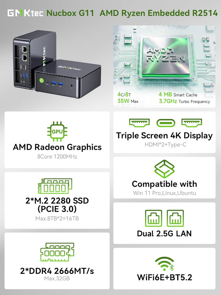 GMKtec G10 Mini-PC Ryzen 5 3500U (Stärker als N150), 16GB RAM, 512GB SSD, 2.5GbE LAN, Büro-Heim-Desk