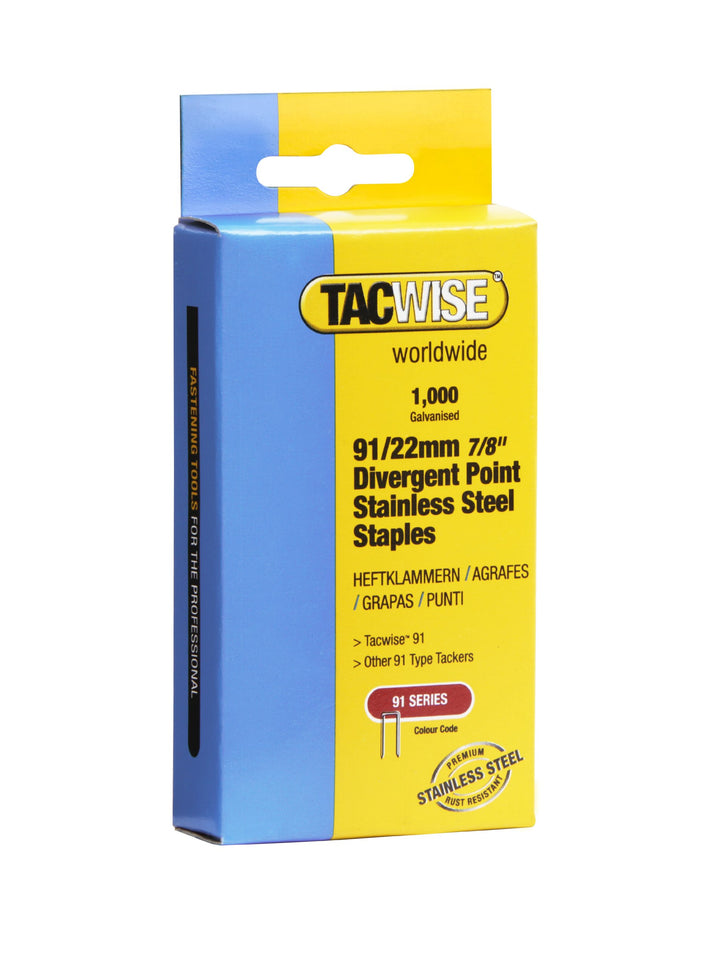 Tacwise 1070 Typ 91/22 mm Edelstahl Schmalrückenklammern, Divergierende Spitze, 1000 Stück