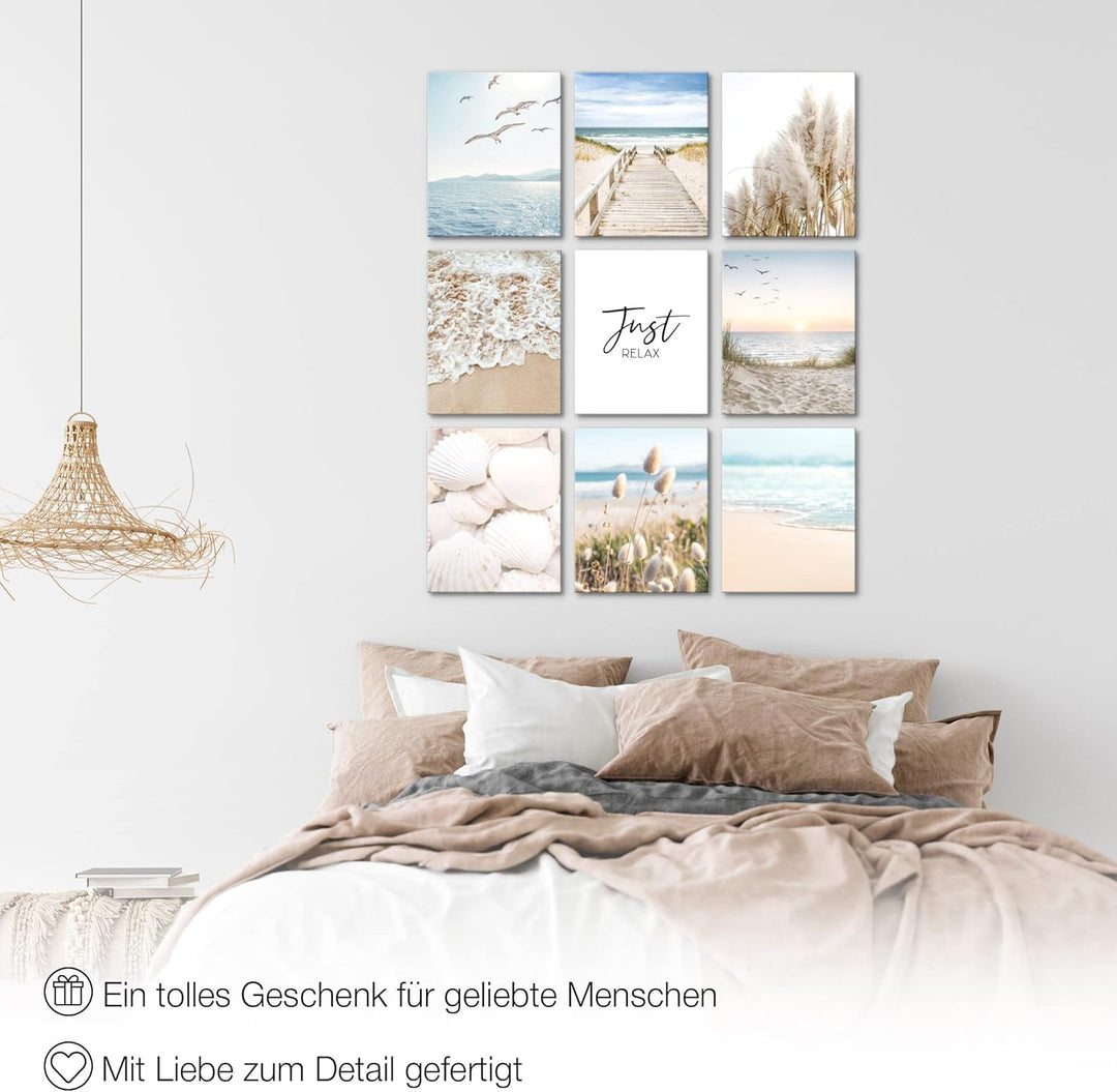 Novart Wandbilder Strand Meer - KOMPLETT AUFHÄNGFERTIG - Ostsee Wohnzimmer Schlafzimmer- 9 Moderne M