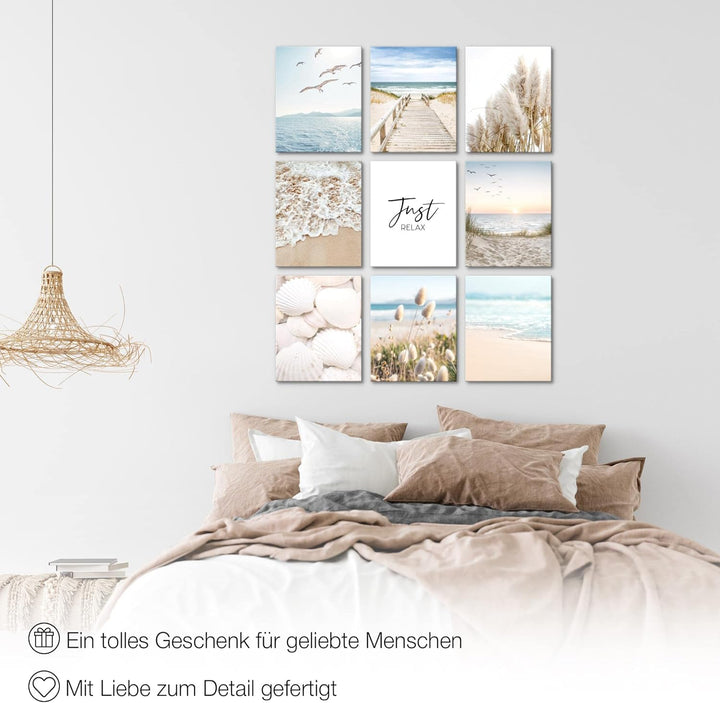 Novart Wandbilder Strand Meer - KOMPLETT AUFHÄNGFERTIG - Ostsee Wohnzimmer Schlafzimmer- 9 Moderne M