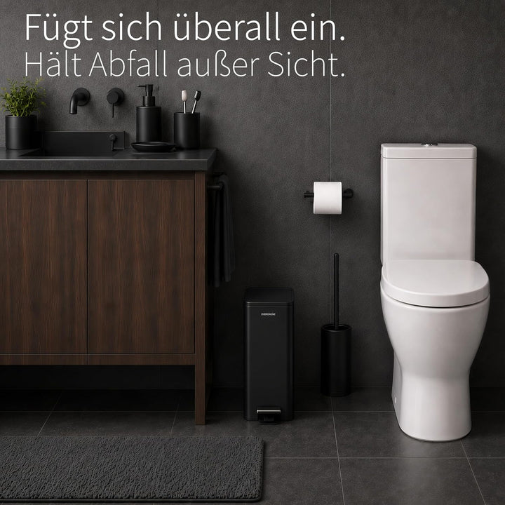 EverGrove 10 L Edelstahl-Treteimer, 14 cm breit, fürs Bad, Matte Black | Nur 14 cm breit: mit Absenk