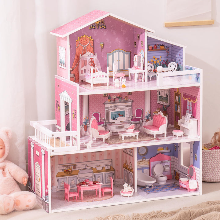 ROBUD hölzernes Puppenhaus Spielset, 3 Geschichten, 5 Zimmer, 24 PCS Möbel, vorgeben Spiel Spielzeug