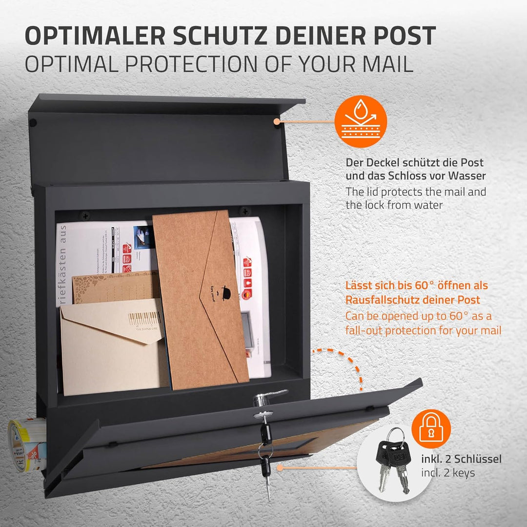 ML-Design Briefkasten 37x36,5x11 cm Anthrazit/Holzoptik aus Stahl, Postkasten mit Zeitungsfach, Absc