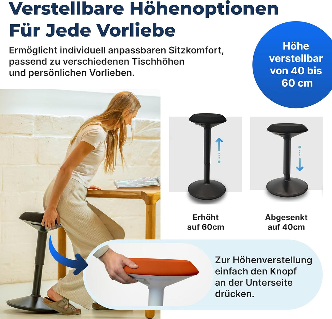 Backerz Ergonomischer Hocker - Bürohocker Testsieger mit 40-60 cm Stehhocker Höhenverstellbar mit Sc