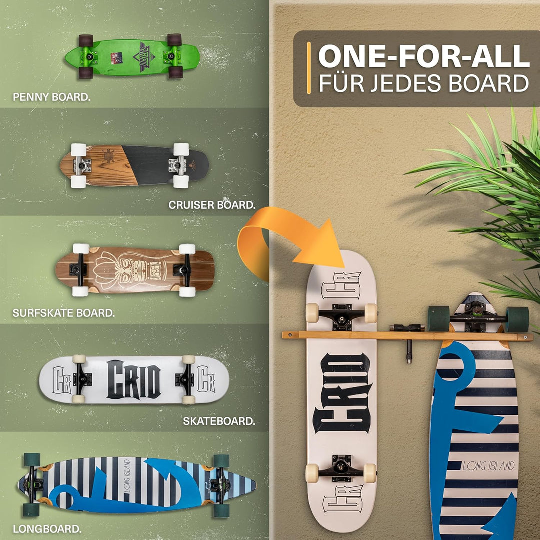 CRID Doppel Skateboard Wandhalterung aus Bambus - Universal Halterung für Skateboard, Longboard, Sno