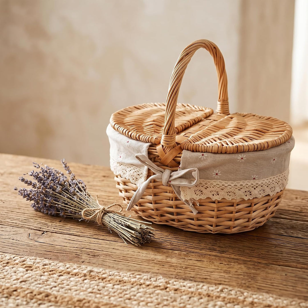 Picknickkorb mit Deckel, Kleiner Weidenkorb mit henkel und Liner | 25 x 18 x 13 cm, Einkaufskorb Gef