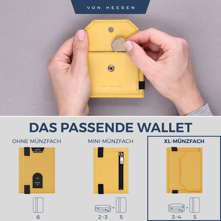 VON HEESEN Slim Wallet mit XL Münzfach & RFID-Schutz - Leder Geldbeutel - Mini Geldbörse für Herren