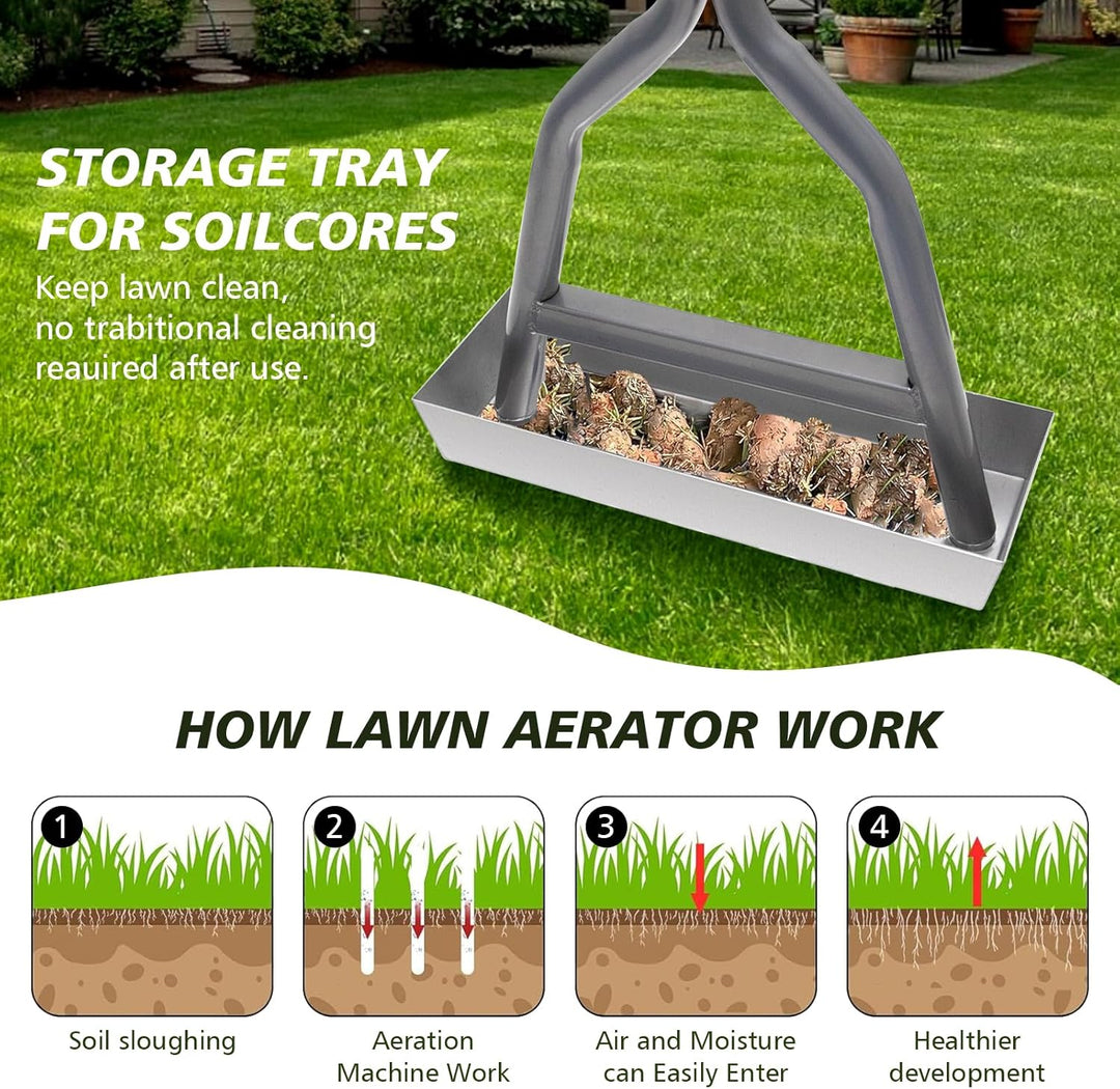 Rasenlüfter mit 4 Zinken, Rasenbelüfter Spike Metall mit Ablageschale & Gartengeräten, Rasen-Kernbel
