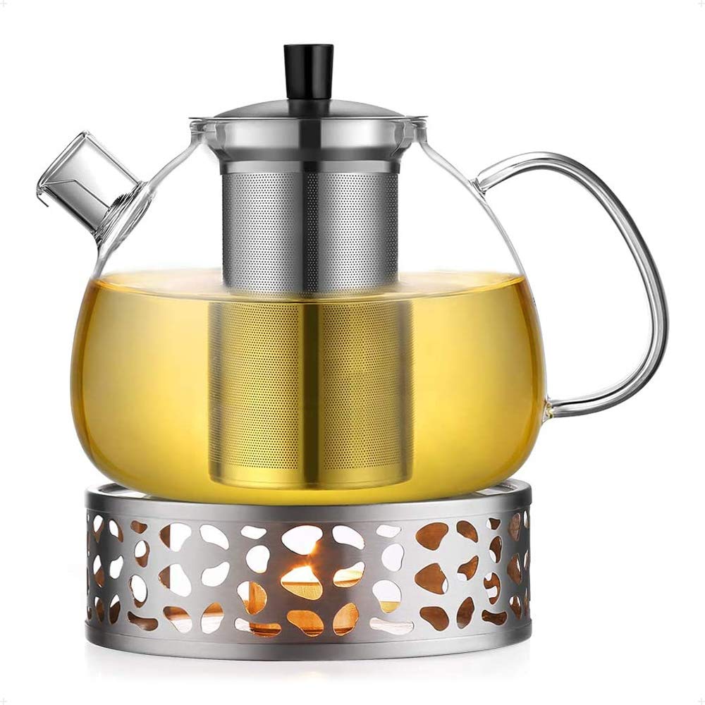 Ecooe 1.5L Teekanne mit Stövchen, Teekanne Glas und Teewärmer Edelstahl Silber 1500 ml, Silber 1500