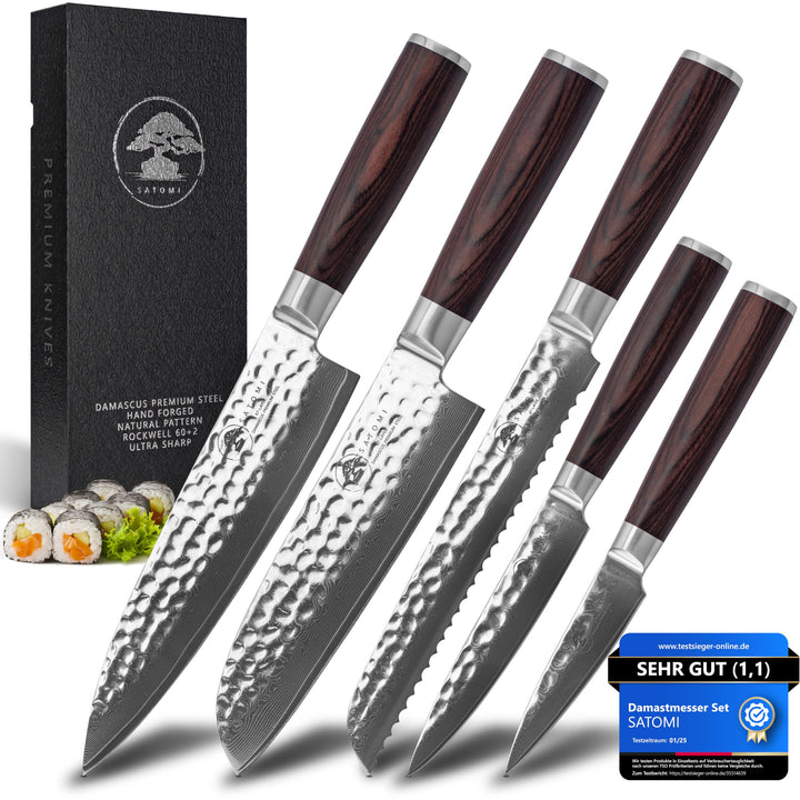 SATOMI® 5er Set Damastmesser Küchenmesser aus Damaststahl - 67 Schichten traditionell Japanischer St