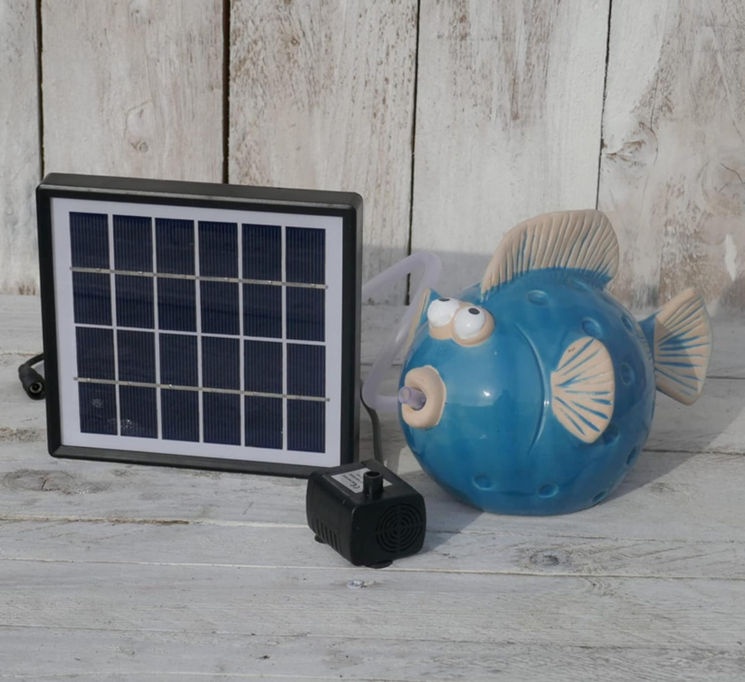 Storm's Gartenzaubereien Wasserspeier Fisch mit Solarpumpe blau aus Keramik für Miniteich oder Weinf