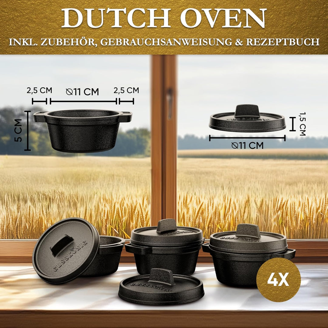 Mini Gusseisen Brotbackform Set–4x 300 ml Brotbacktopf mit Deckel–eingebrannte Mini Dutch Oven zum B