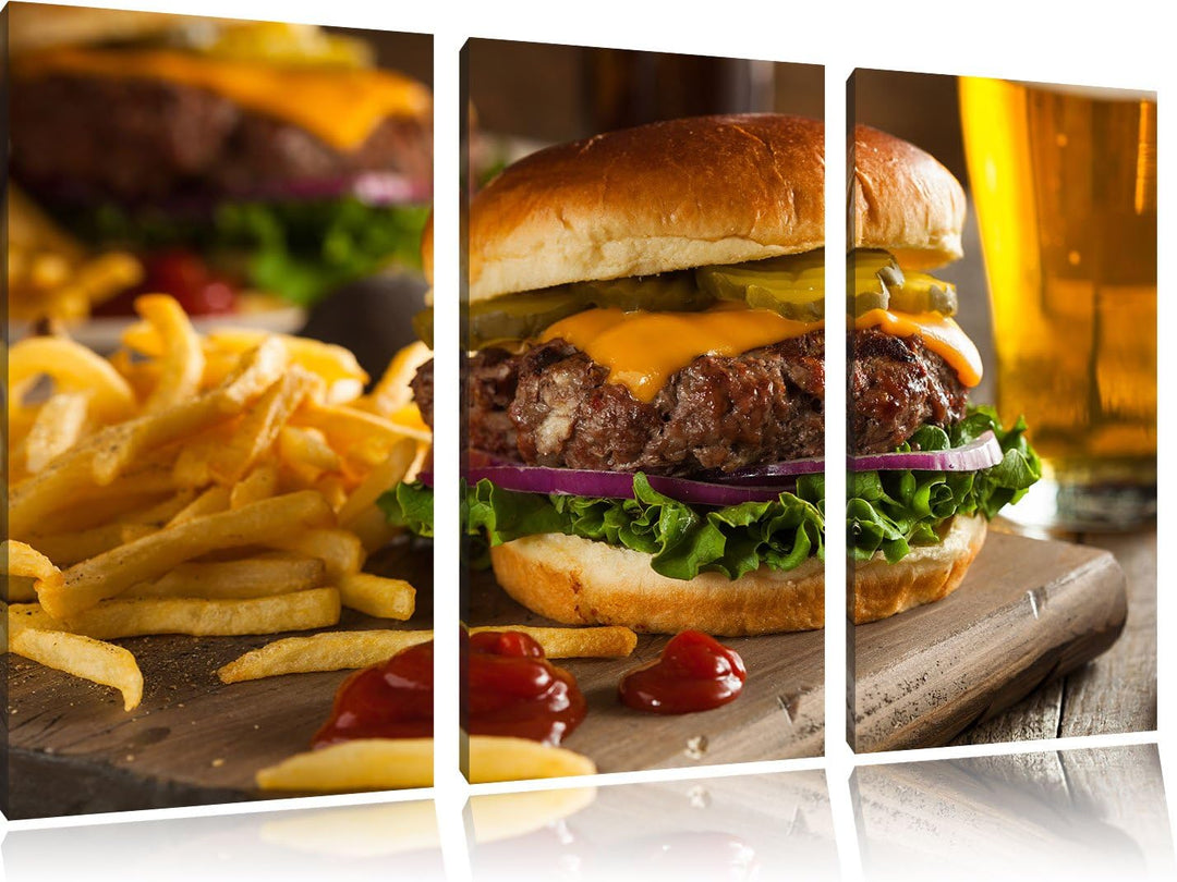 Pixxprint Saftiger Chili Cheese Burger 3-Teiler Leinwandbild 120x80 Bild auf Leinwand