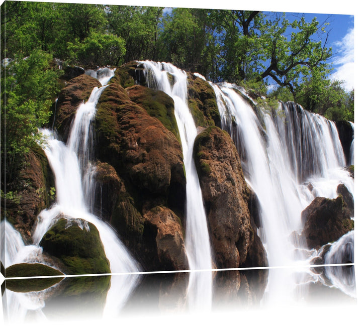 prachtvoller Wasserfall im Dschungel Leinwand, XXL riesige Bilder fertig gerahmt mit Keilrahmen, Kun